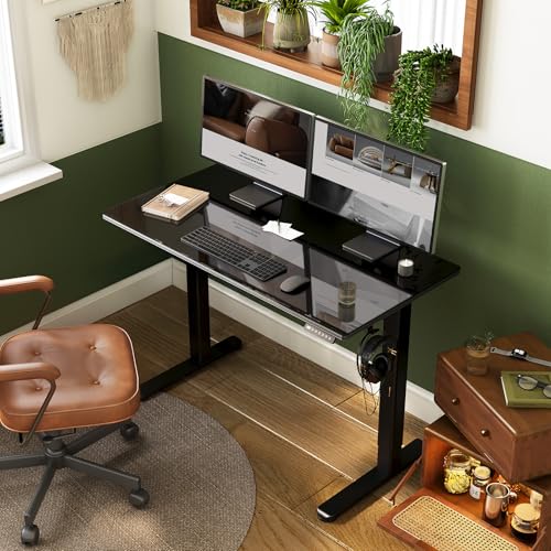 Image of INNOVAR Glass Standing Desk with Drawers, 40 x 24 Inches Electric Height Adjustable Desk, Tempered Glass Top Stand Up Desks for Home and Office, Black
