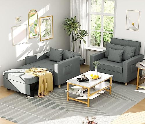 YODOLLA Futon Chair Bed, 3-in-1 Convertible Chair Sleeper for Adults, Pull Out Sofa Bed with Adjustable Backrest,Sofa,Lounger Chair,Single Bed,Convertible Chair Bed for Adults, Dark Grey