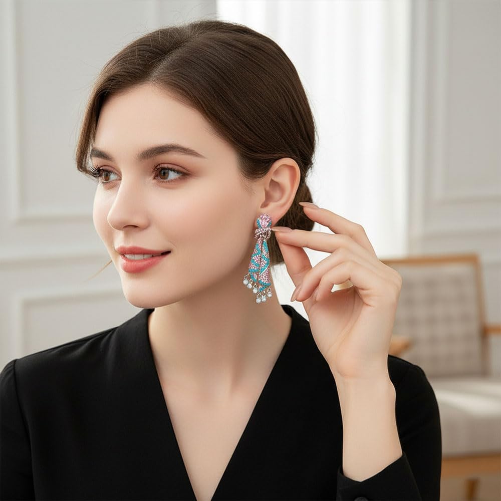 Luxury Tassel Drop Earrings for Women, Colorful Zircon Dangle Earrings with Crystal Rhinestones, Elegant Statement Jewelry for Party & Wedding，a pair - Image 3