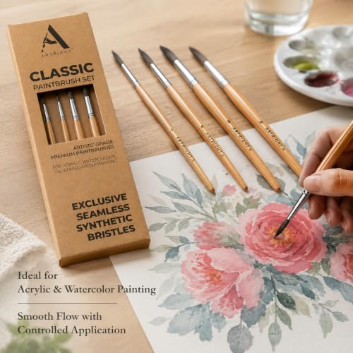Image of Round Artist Paintbrush Set of 4Pcs, Natural Brown Handle Brushes for Fine Detailing, Line Work, Broad Strokes, Ideal for Acrylic, Watercolor Painting, Best for Beginner & Professional