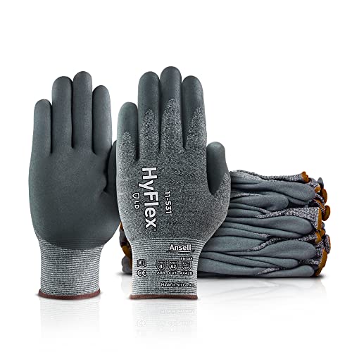 Ansell HYFLEX 11-531 Cut-Resistant Nylon Spandex Industrial Gloves w/Foam Nitrile Palm for Fabrication, Automotive - XL (10), Grey (12 Pairs)