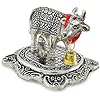 NOBILITY Pooja Items Diwali Gift Silver Antique Small Kamdhenu Cow and Calf with Blue Box Metal Statue Decorative Item Showpiece for Home Office Decoration Wedding Return Gifts