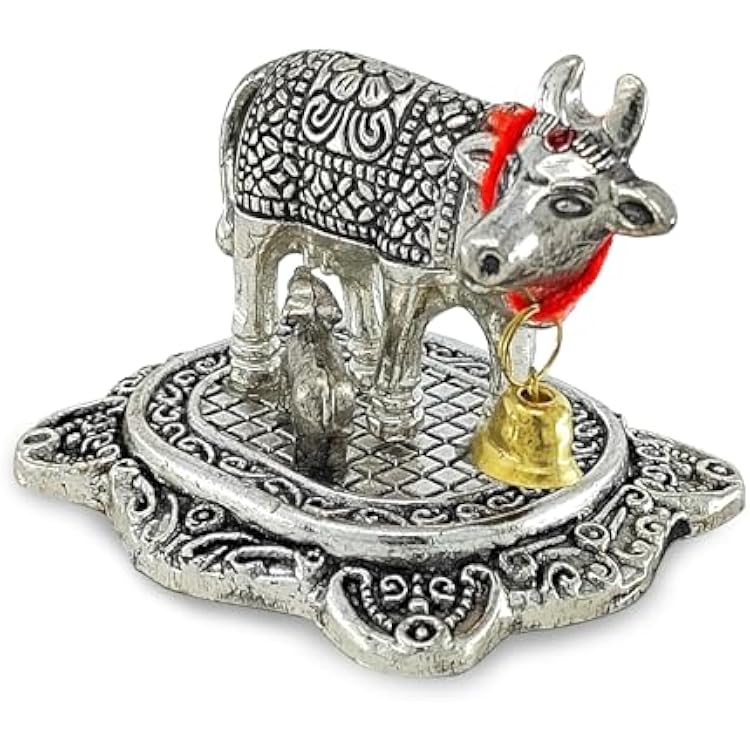 NOBILITY Pooja Items Diwali Gift Silver Antique Small Kamdhenu Cow and Calf with Blue Box Metal Statue Decorative Item Showpiece for Home Office Decoration Wedding Return Gifts