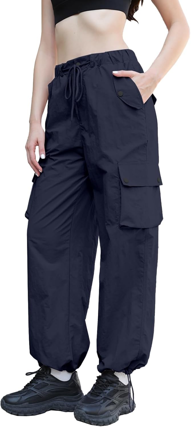 Cromoncent Girls High Waist Parachute Pants Y2K Cargo Trousers with Pockets, Navy, 13-14 Years = Tag 170 - Image 4