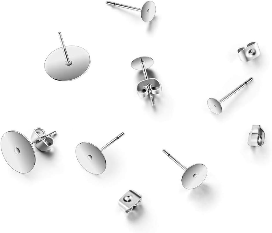 Adabele 200pcs Hypoallergenic Earring Posts Silver Plated Brass Stud Earrings 3mm Small Flat Board Glue On Setting with Earnut Backs CF221-3