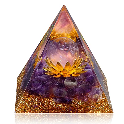 Hopeseed Orgone Crystal Pyramid for Positive Energy Flower of Life Orgonite Amethyst Healing Crystals Pyramid for Reduce Stress Chakra Healing Meditation Attract Lucky with 2 White Crystals Stones
