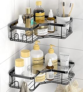 MAXIFFE Corner Shower Caddy, Shower Organizer Corner Shower Shelf with 8 hooks,2-Pack Adhesive Stainless Steel Shower Shelves for Bathroom Storage (Matte Black)