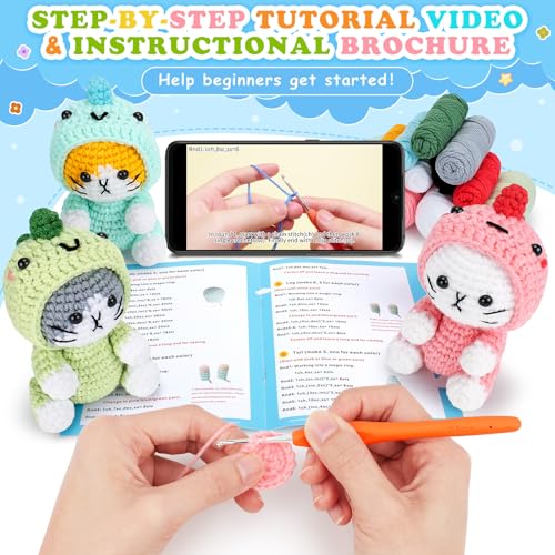 Image of Crochet Kit for Beginners - 3 PCS Dinosaur Cat Crochet Kits with Step-by-Step Video Tutorials, Beginner Crochet Kit for Adults, Crochet Animal Kit for Starters, Cat Dressed as Dinosaur Crochet Set