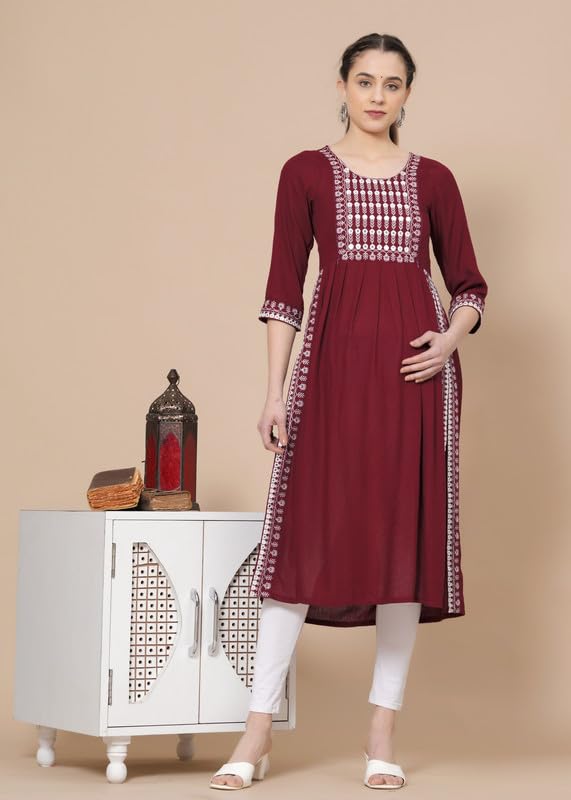 Image of JAIPURFAME Maternity Feeding Kurti with Zipper | Cotton Floral Printed Pregnancy & Nursing Dress | Comfortable & Stylish Maternity Wear for Women | Breastfeeding Kurta with Zipper | Soft & Elegant