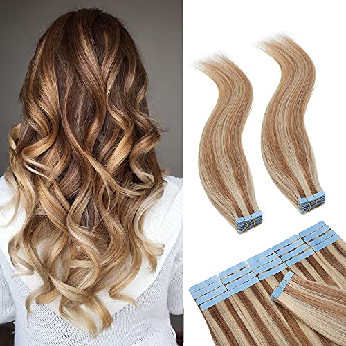 SEGO Tape In Hair Extensions Human Hair Glue In Real Extensions Skin Weft Remy Human Hair Extensions Straight Invisible Seamless Double Side Tape 40 Pieces Golden Brown&Bleach Blonde 16inch (100gram)