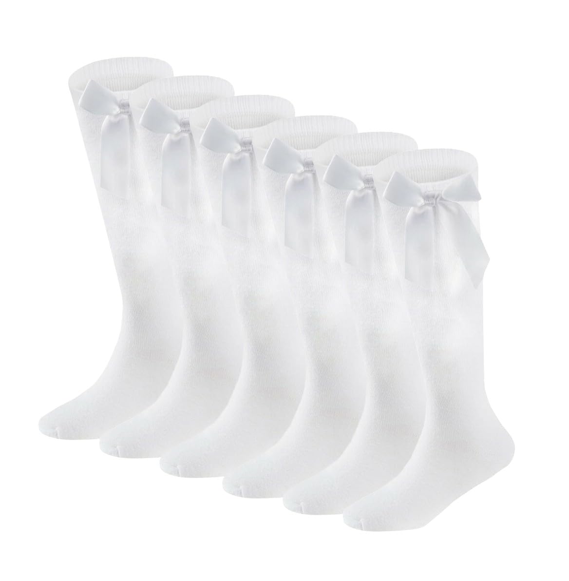 6 pairs Girls Knee High School Socks Cotton Socks with Ribbons Silky Bow, Back to School Uniform Socks, Party Wear, Long Socks for School with Bow, Knee High Girls School Plain Socks