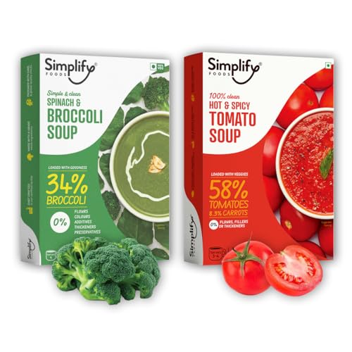 Image of Simplify Tomato Soup and Spinach & Broccoli Soup - Pack of 2 (Serves 5 to 6) I Each Makes 500ml | 0% Additives and Preservatives