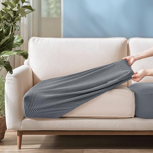 Image of CHUN YI Stretch Couch Cushion Cover, Fitted Loveseat Sofa Chair Seat Slipcover Furniture Protector, Checks Spandex Jacquard Fabric(Large,Light Gray)