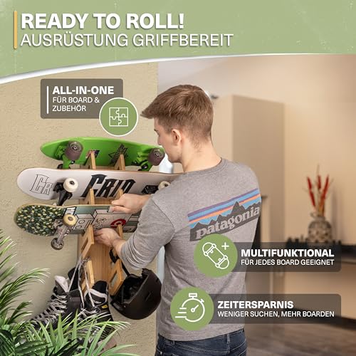 CRID Vierer Skateboard Wandhalterung aus Bambus - Universal Halterung für 4 Skateboards, Longboard, Snowboard, Wakeboard, Balance-Board - Inkl. gratis Montagekit - Modernes Design - Deutsche Marke