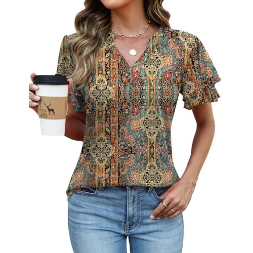 Rapbin Womens Tops Dressy Casual Ruffle Short Sleeve V Neck Blouses Summer Fashion Business Work Elegant Shirts Bohemian Print X-Large