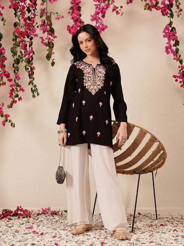 Image of QAZMI Women's Bahar Kashmiri Zari Resham Work Viscose Rayon Full Sleeves A-Line Short Kurti