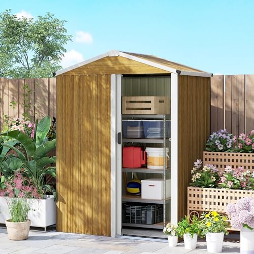Outsunny 4.5 x 3ft Outdoor Storage Shed, Waterproof Metal Garden Shed with Gloves, Lockable Sliding Door and Pitched Roof for Backyard, Patio, Lawn, Poolside, Wood Grain — view 7