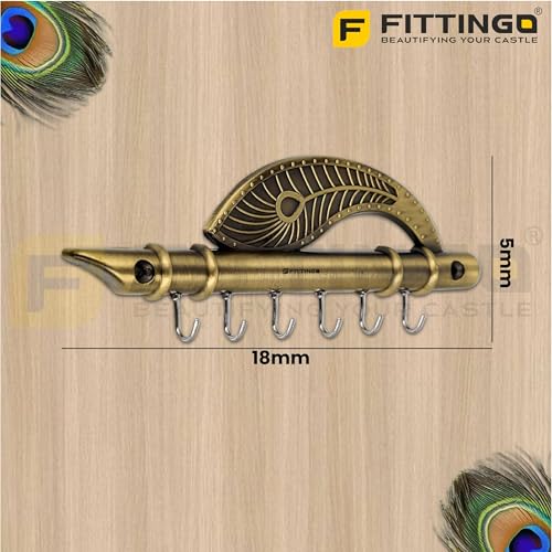 Image of Premium Krishna Flute & Peacock Key Holder - Antique Brass Wall Mounted Key Rack with 6 Hooks | Decorative Home & Office Key Stand-| 3 Years Warranty |