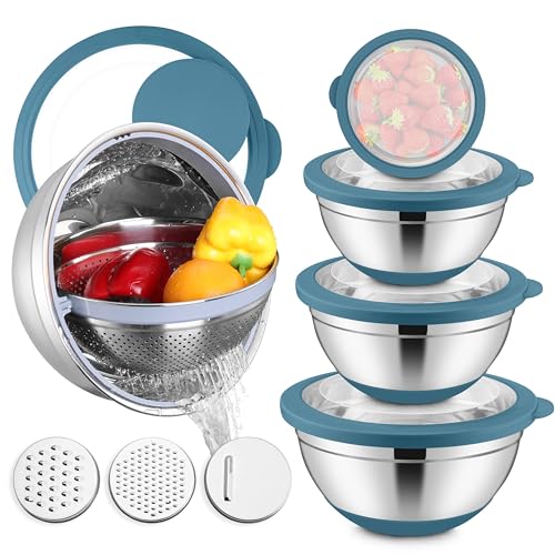 E-far Mixing Bowls with Lids Set, 15PCS Stainless Steel Mixing Nesting Bowls with Colander and 3 Metal Graters for Kitchen, Non-Slip Bottom & Airtight Transparent Lid, 4.6, 3, 1.5, 1, 0.7QT, Blue