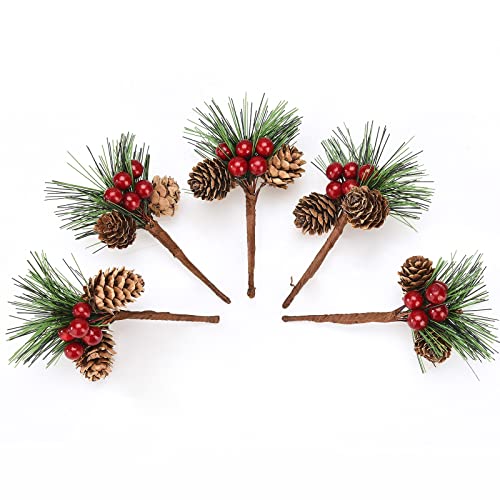 Plcnn 20Pcs Red Berry Pine Branches Artificial Christmas Berry Pine Picks Pine Cones Berry Stems for Christmas Tree DIY Crafts Party Decor