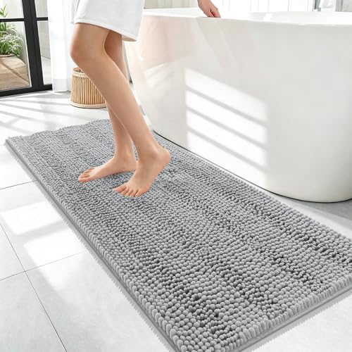 Image of OLANLY Thick Bathroom Runner Rugs 47x17, Extra Absorbent Chenille Striped Bath Rugs, Rubber Backing, Machine Wash Dry, Long Bath Mats for Bathroom, Tub and Shower, Home Decor Accessories, Light Grey