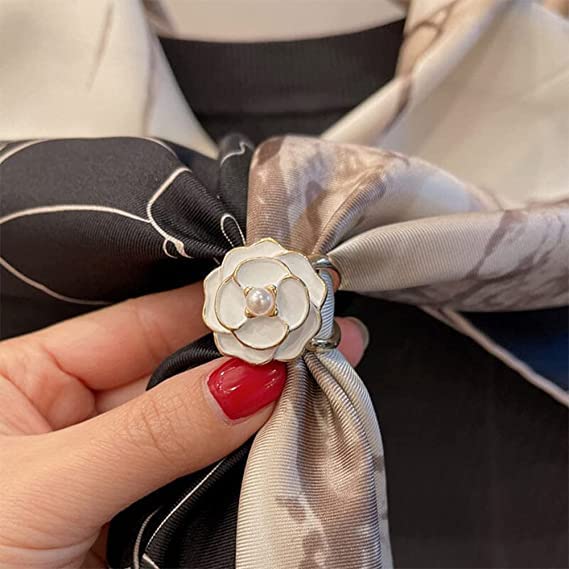 Camellia Scarf Buckle,Women's Elegant Pearl Floral Scarf Ring Clip,Pearl Channel Style Silk Scarves Buckle Ring,French Retro Camellia Flower Scarf Ring (4 pcs)3