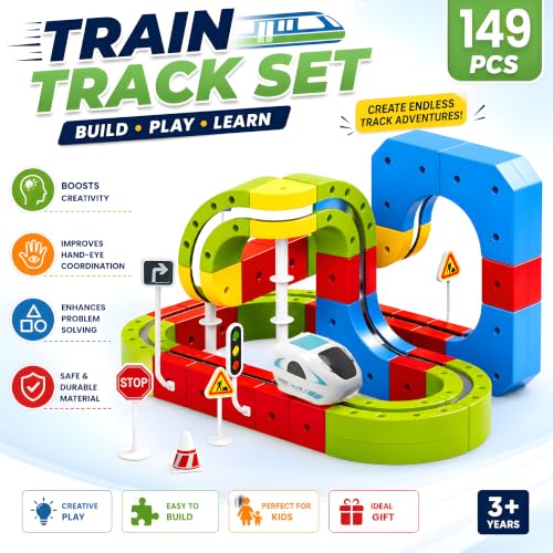 Image of Cable World Magnetic Suspended Orbit Train Track Set for Kids, 149 PCS DIY Magnetic Wall & Floor Railway Track with 1 Rechargeable Magnetic Train, USB Charging, STEM Construction Toy for Kids