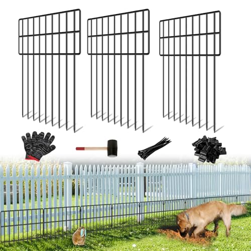 30 Panels Garden Animal Barrier Fence, 32.5ft(L) x 12in(H) No Dig Decorative Fence, 1.2in Spike Spacing Rustproof Metal Garden Fence Border for Dogs Rabbits, Bottom Blocker for Outdoor Yard