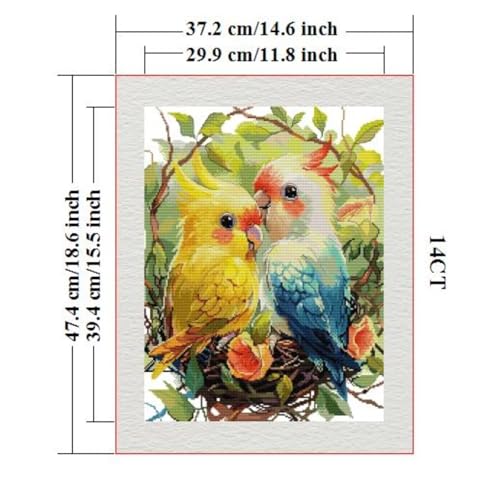 Image of Stamped Cross Stitch Kits Full Range of DIY Needlepoint for Adult Beginners Pattern, for Gift and Home Decor 14CT 2 Strands A Pair of Parrots.,14.6x18.5 inch