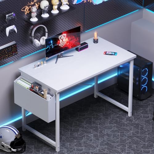 Image of OLIXIS Computer Desk, 44 Inch Gaming Desks for Home Office Small Spaces | Writing Study Craft Work Table, Computer Workstation for Bedroom with Storage Bag, All White
