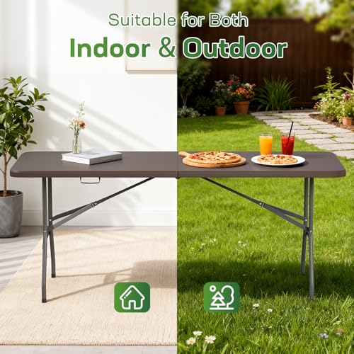 Image of FDW 6 FT Folding Table, Portable Plastic Table with Carrying Handle Perfect for Indoor, Outdoor, Party, Dining, Wedding, Events, Camping, Brown