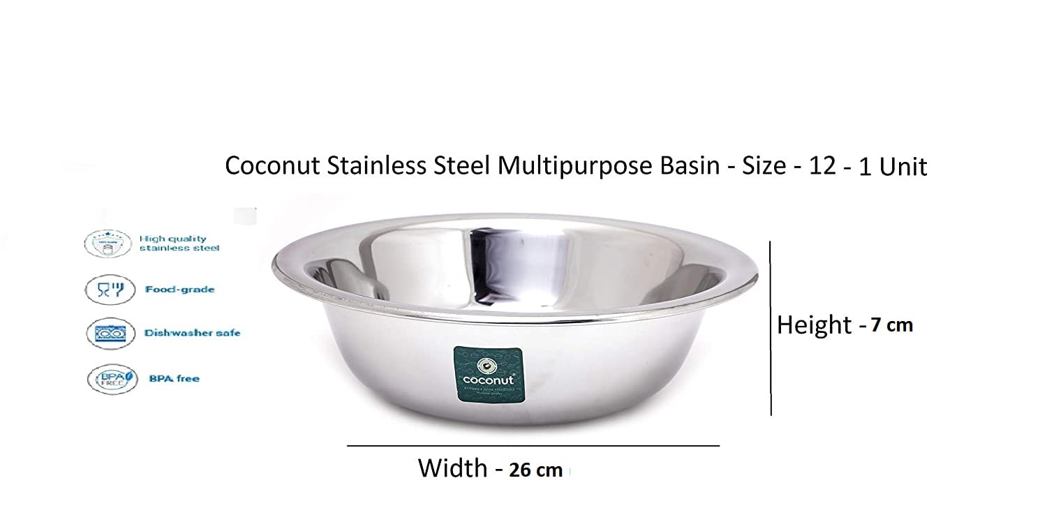 coconut Stainless Steel Basin 22Guage /Multipurpose Bowl    -1 Unit - Diameter - 26 Cm - Image 7 thumbnail