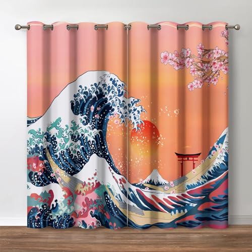 Jekeno Great Wave Blackout Curtains, Japanese Kanagawa