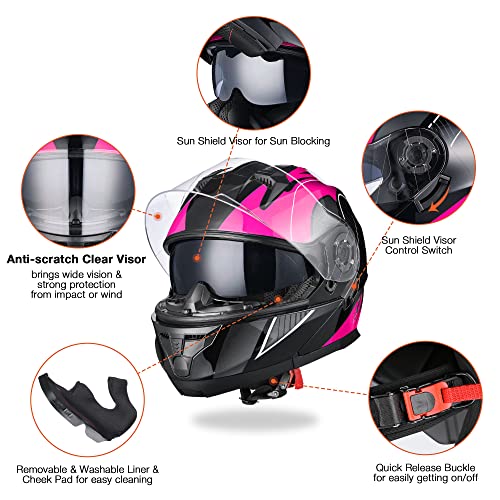 Ahr Motorcycle Helmet Dual Visor Modular Flip Up Full Face Helmet Dot Approved Helmet Run-M3 For Adult Motorbike Street Bike Moped Racing (Black Pink, L) #TOP6