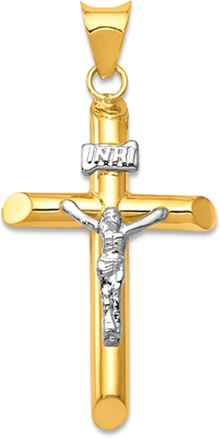 Jewelry Affairs 14k Yellow and White Real Gold Jesus Cross Charm Pendant, 35x15mm
