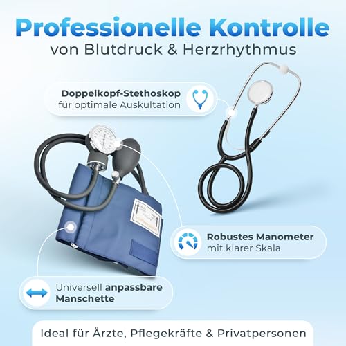 Belmalia Blutdruckmessgerät mit Doppelkopf-Stethoskop, Pumpball, Manometer, Manschette, Tasche für...