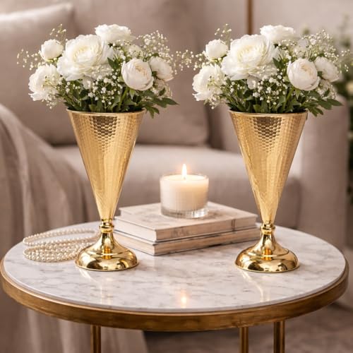 Image of French Gold Hammered Metal Cone Flower Vase, 26cm, Pedestal Base, for Event Decor, Home & Office Centerpiece Gift - Flowers are not Included