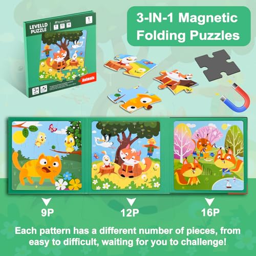 Image of ASTARON Magnetic Puzzles for Toddlers, 9-12-16 Pieces Animal World Learning Magnet Puzzles for Road Trip, Educational Travel Toys Car Plane Activities for Kids, Kids Birthday Gifts | Folding puzzle book, each book contains 3 scenes, 3 difficulty levels, advanced puzzle book, easy to store, educational toy