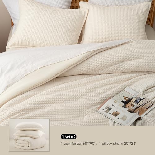 Image of David's Home Textured Summer Waffle Weave Comforter Set, Twin Cannoli Cream | Cozy Soft Lightweight Breathable Fluffy Durable Hotel Bedding with Pillow Sham for All Season, Luxury Home Decor, Giftable