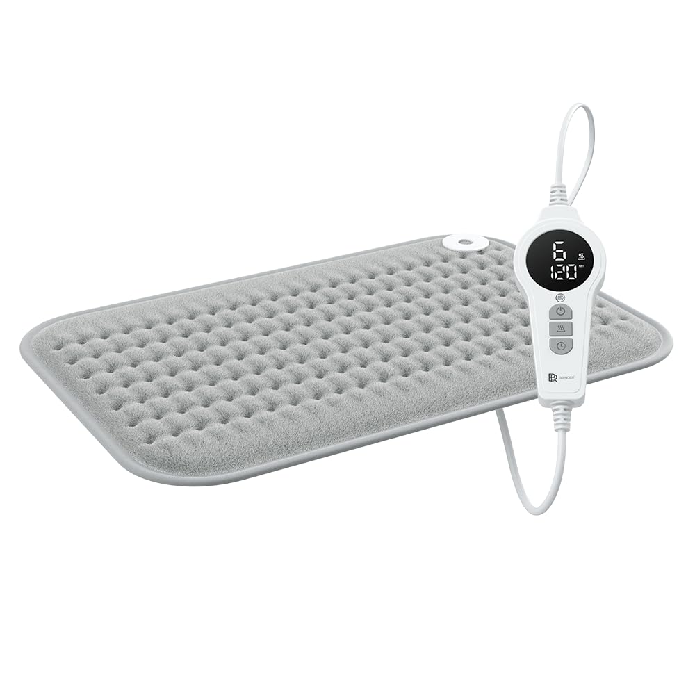 BR Bringer Coussin chauffant infrarouge avec arrêt automatique - 6 niveaux de chauffage (25-60°C), protection contre la surchauffe, lavable, écran LED, flanelle extra douce (Gris, 45 x 30 cm)