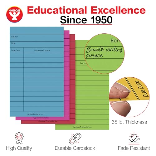 Image of Hygloss Library Checkout Cards for Traditional Book Pockets and Classroom Organization - Vintage Style Bright Colors Due Date Tracking, 3x5 Inch, 50 Pack