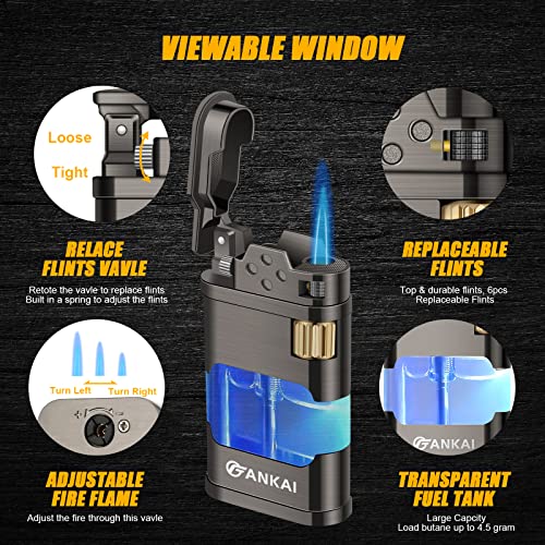 Torch Lighter With Led Light,Fankai Butane Lighter Single Jet Flame-Butane Torch Lighter With 6Pcs Replaceable Flints,Refillable Cool Lighters With Abs Fuel Tank,Retro Grinding Wheel Windproof Lighter #TOP1