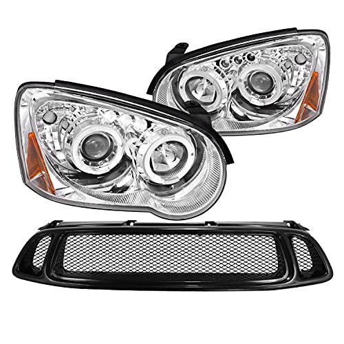 SPEC-D TUNING Halo LED Projector Headlights + Mesh Hood Grille Compatible with 2004-2005 Subaru Impreza Wrx Left + Right Pair Headlamps Assembly