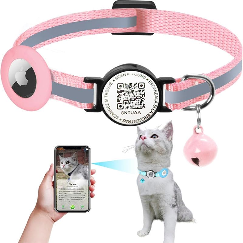 Reflective Waterproof AirTag Pet Collar, Adjustable Anti-Lost with QR Code, for Cats & Small Dogs (Pink+Silicone Cover (excluding Locator)) — image 1