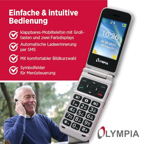 Olympia Vitus 2G Seniorenhandy | Klappbar mit Großtasten | Hörgerätekompatibel | Smartphone für Senioren | Notruftaste & SOS-Funktion | Farbdisplay | Kamera | Taschenlampe | Langlebiger Akku | Rot