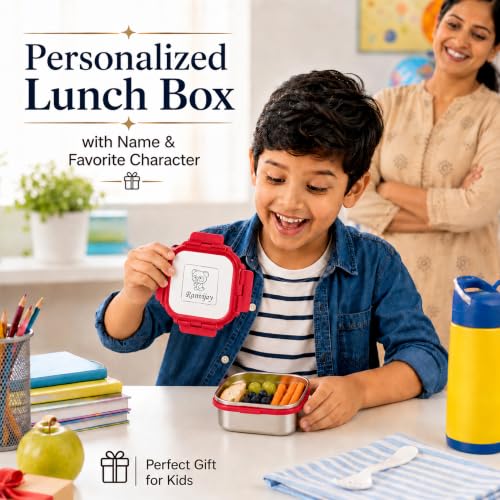 Image of SAVRI Personalized Kids Lunch Box with Name & Cartoon Engraved - Stainless Steel Leakproof Insulated Tiffin Box (300ml) | Customized School Lunch Box, Return Gift, Birthday Gift for Boys & Girls