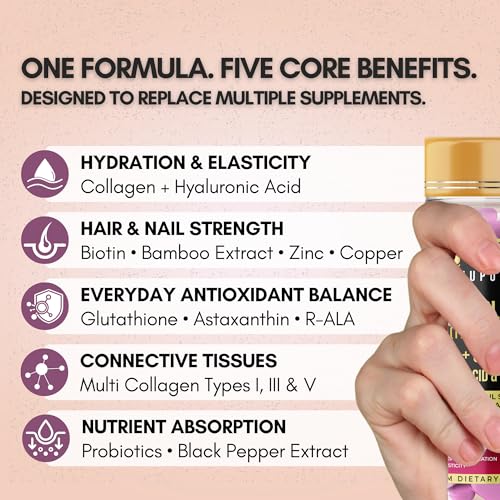 Image of Multi Collagen Complex Tablets - 3000mg . Types I, III & V | 18 Actives: Reduced Glutathione, Hyaluronic Acid, Astaxanthin & Biotin | Skin, Hair & Nail Daily Beauty Nutrition | 90 Tablets (30 Days)