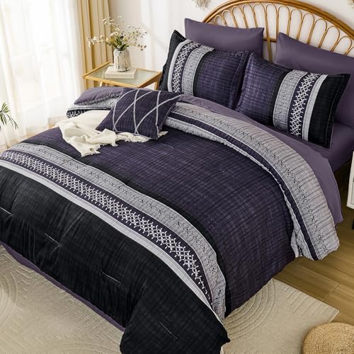 Image of Dintszyayue Purple Comforter Set Queen Size, 8 Pieces Boho Striped Bed in a Bag Soft Microfiber Bedding Set for All Season