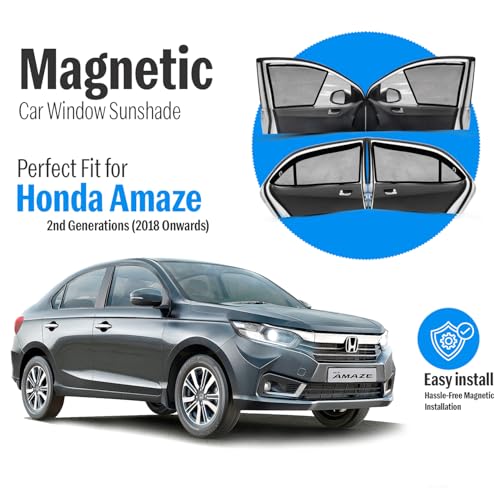 Image of Autofact Magnetic Car Sunshades Compatible with Honda Amaze (2018 to 2024) (Set of 4) - Easy Installation, UV Protection (Front 2 Half-Cut for Side Mirror Visibility, Rear 2 with Zippers)