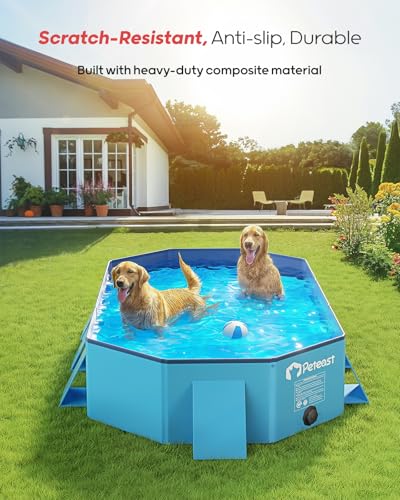 Image of Peteast Dog Pool for Large Dogs, Foldable Hard Plastic, 82 x 46 x 12 in | Extra Large Collapsible Pet Bath Tub with Non-Slip Base for Indoor, Outdoor and Backyard Use, Blue